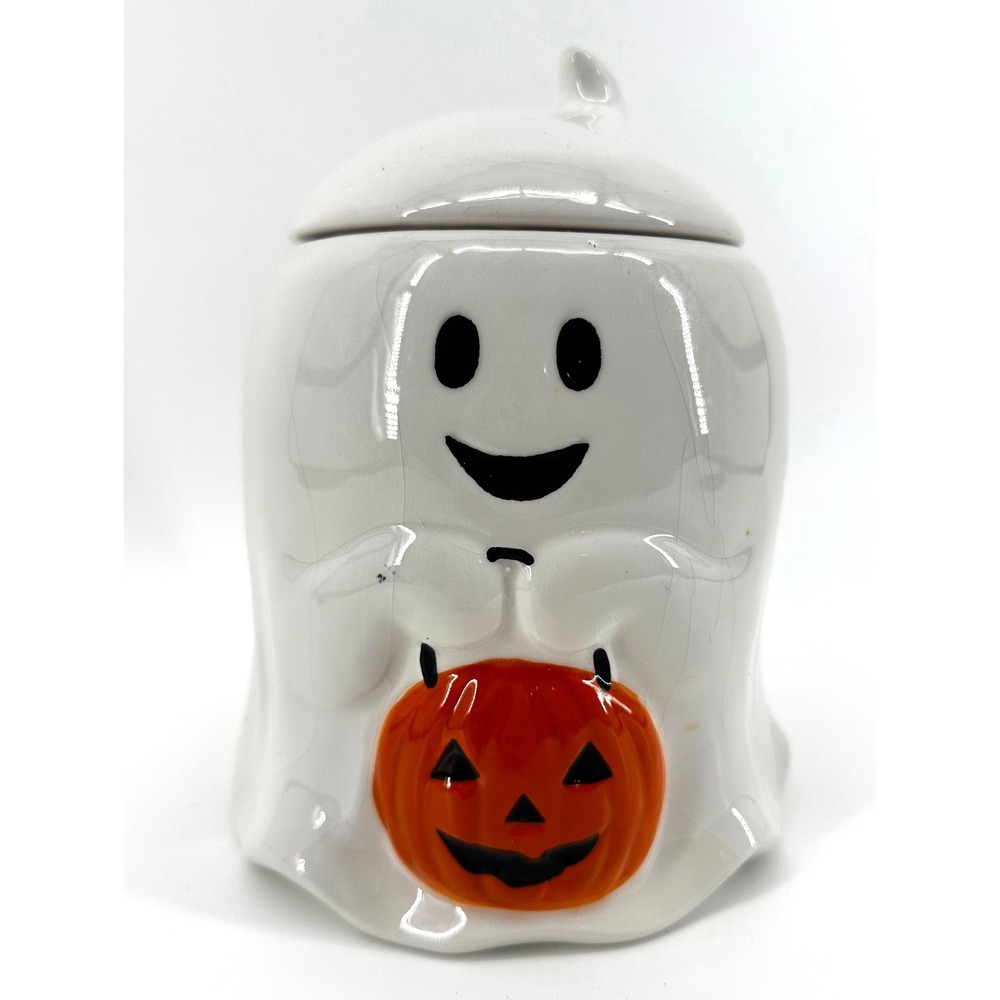 Ceramic Ghost Pumpkin Halloween Treat Jar Canister White Orange Boston Warehouse
